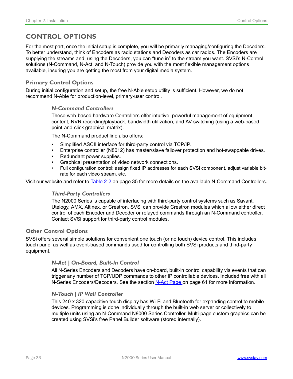 Control options, Primary control options, N-command controllers | Third-party controllers, Other control options, N-act | on-board, built-in control, N-touch | ip wall controller, N-command controllers third-party controllers | SVSi N2000 Series User Manual | Page 33 / 99
