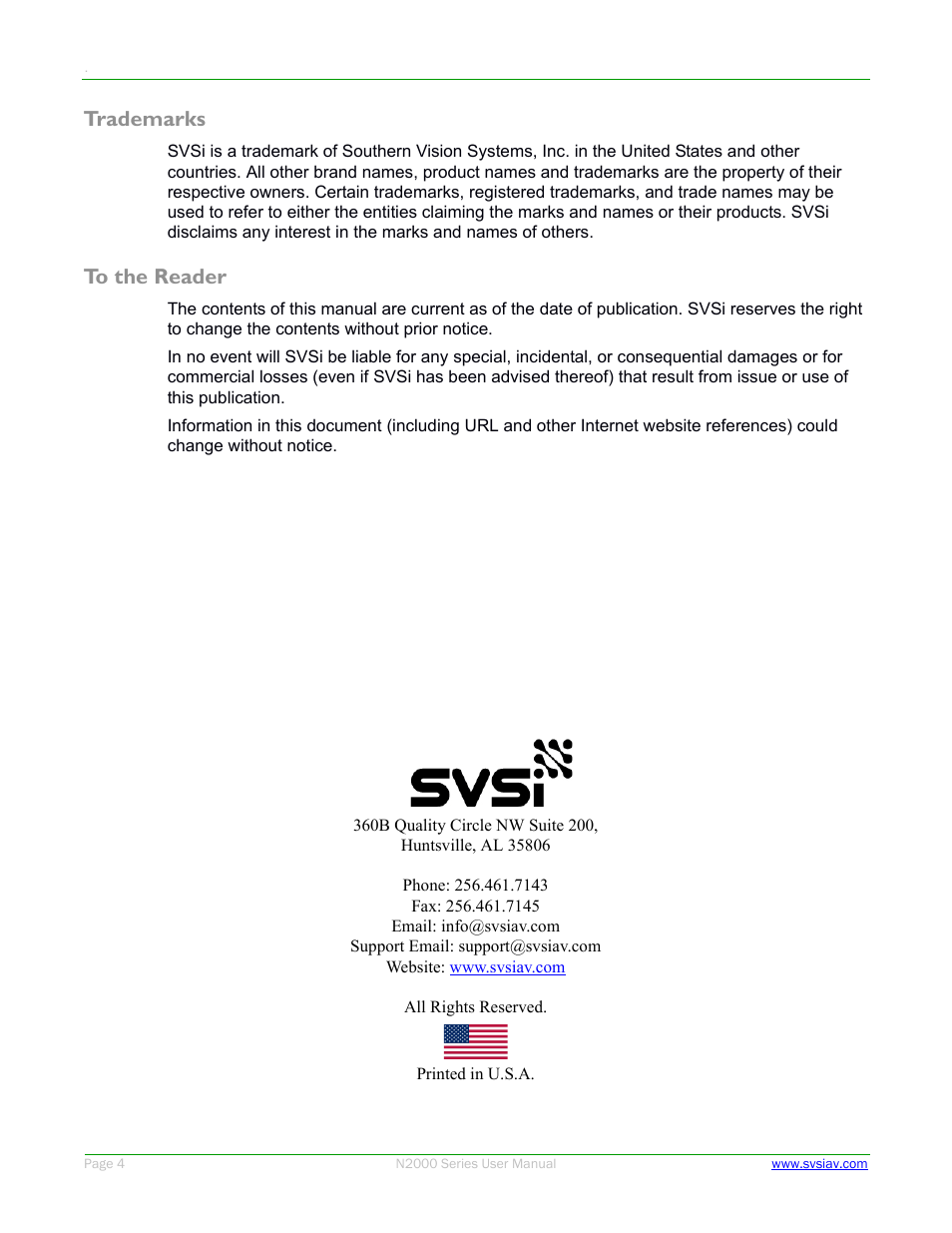 Trademarks | SVSi N2000 Series User Manual | Page 4 / 99