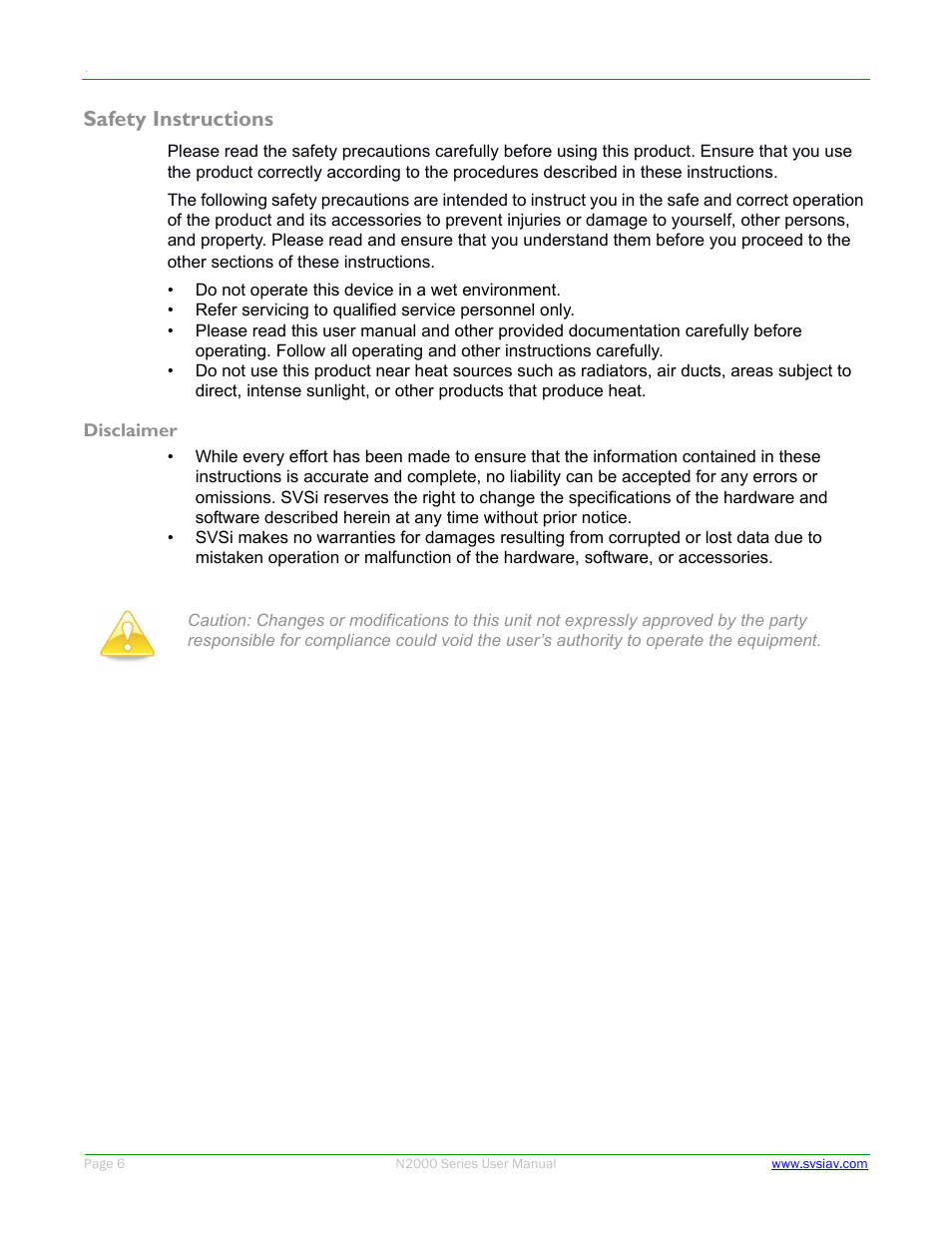Safety instructions | SVSi N2000 Series User Manual | Page 6 / 99