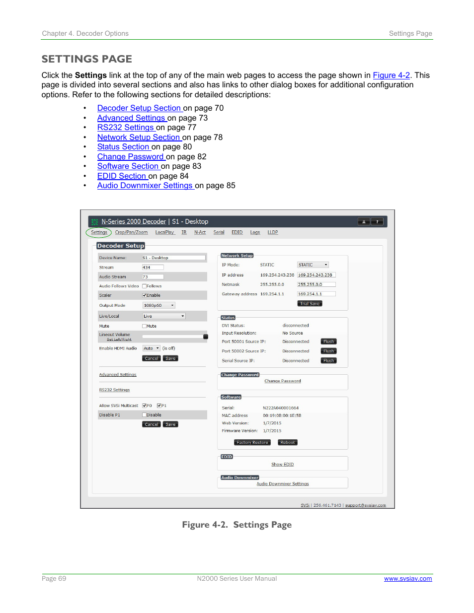 Settings page | SVSi N2000 Series User Manual | Page 69 / 99