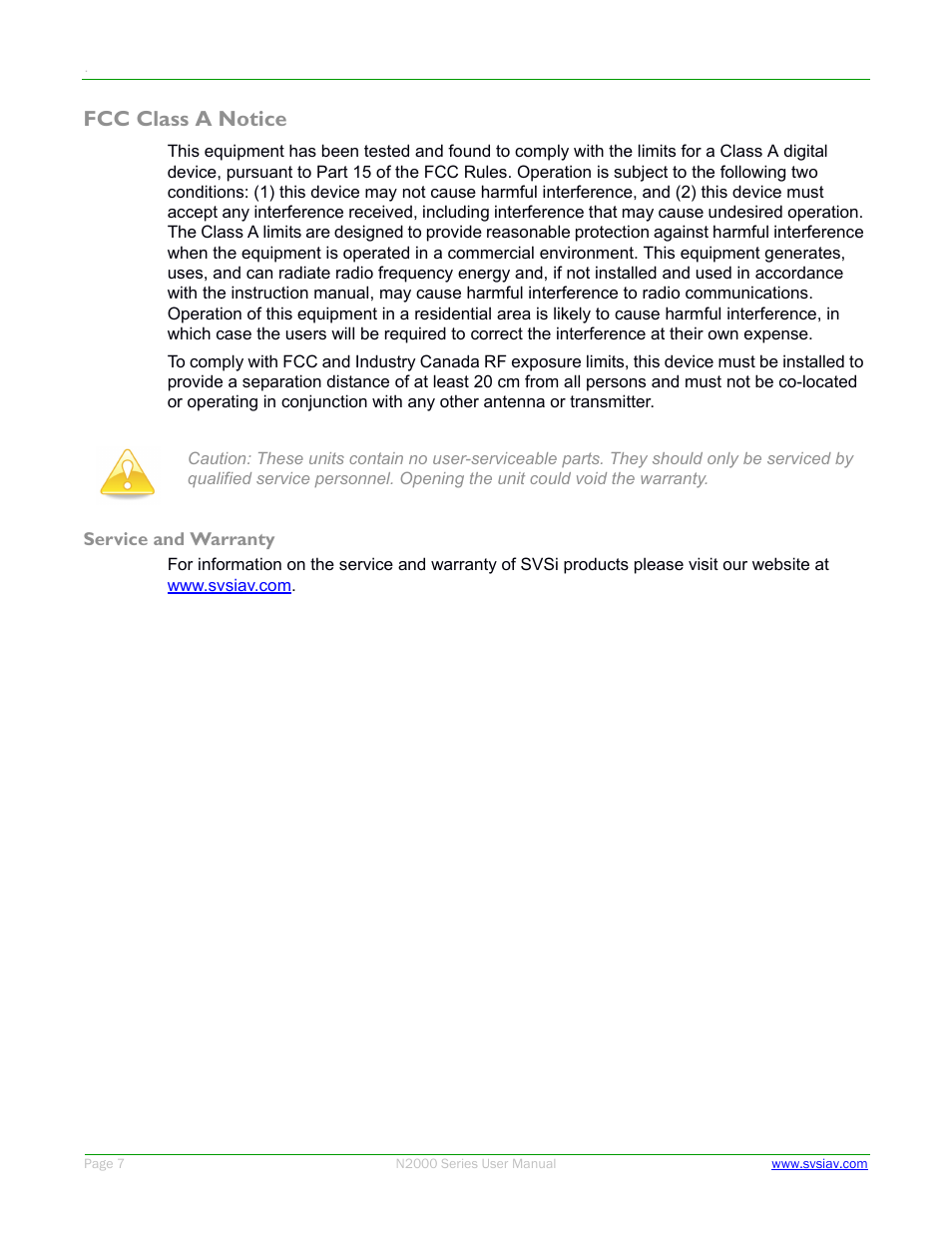 Fcc class a notice | SVSi N2000 Series User Manual | Page 7 / 99