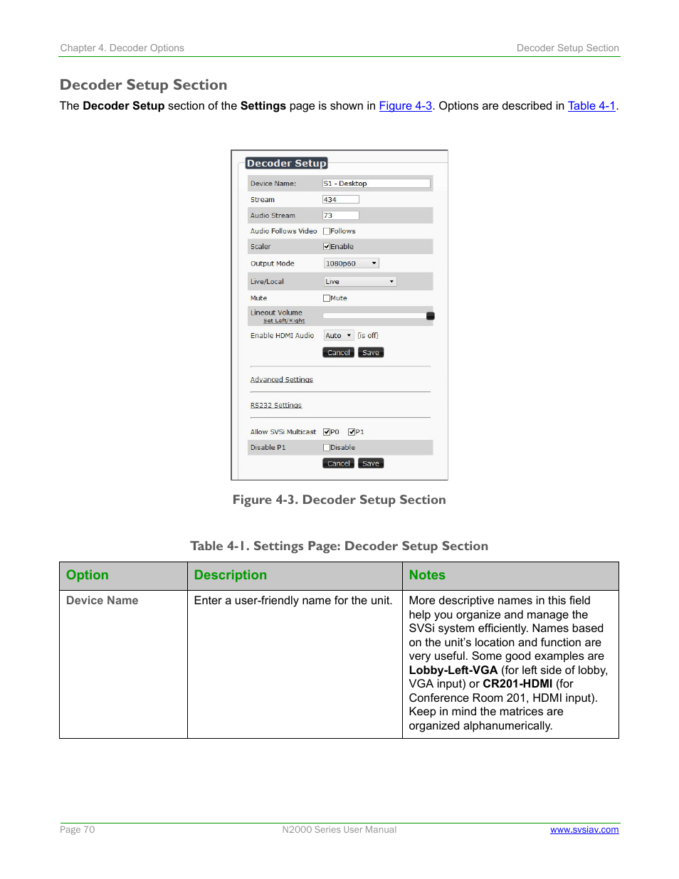 Decoder setup section | SVSi N2000 Series User Manual | Page 70 / 99
