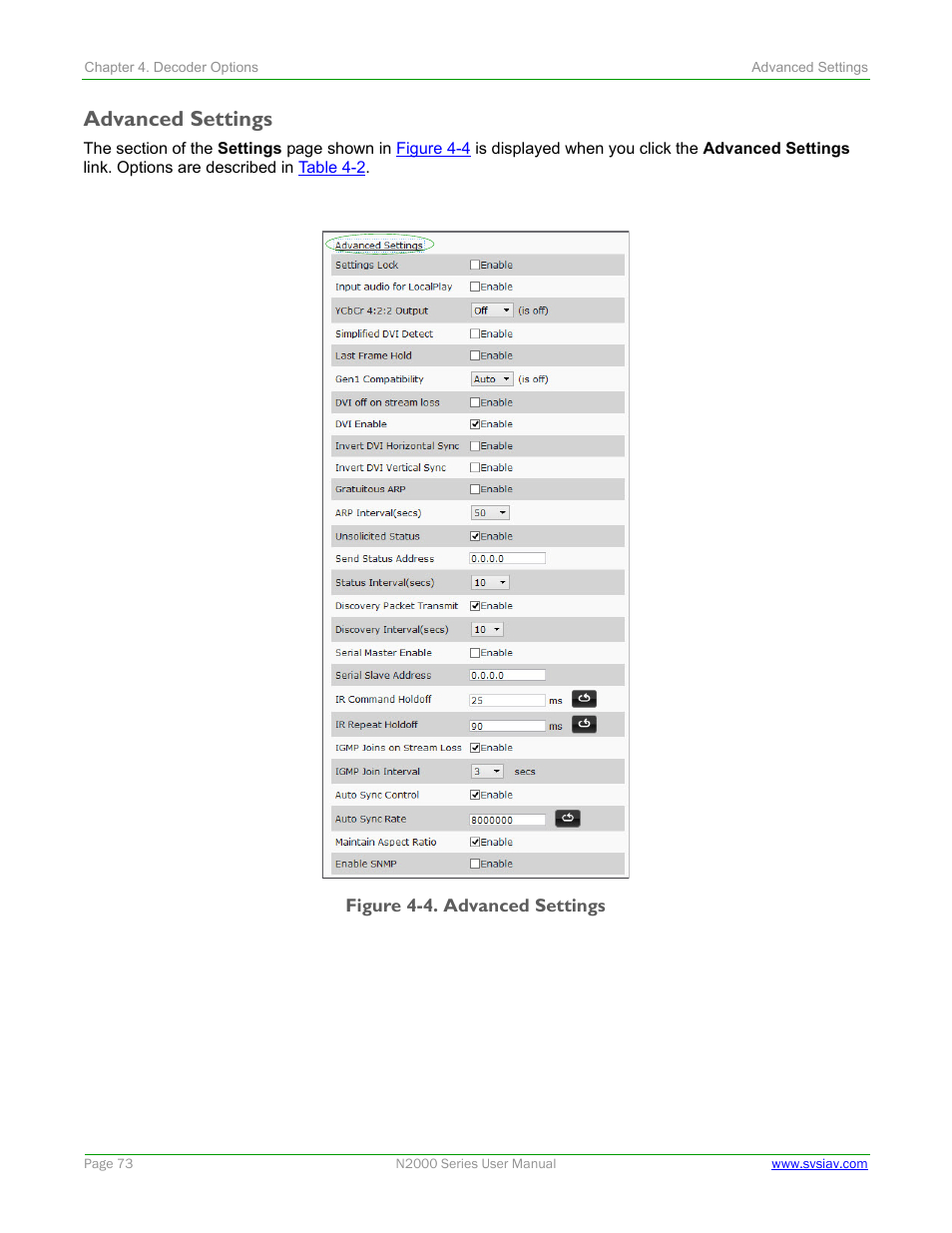 Advanced settings | SVSi N2000 Series User Manual | Page 73 / 99