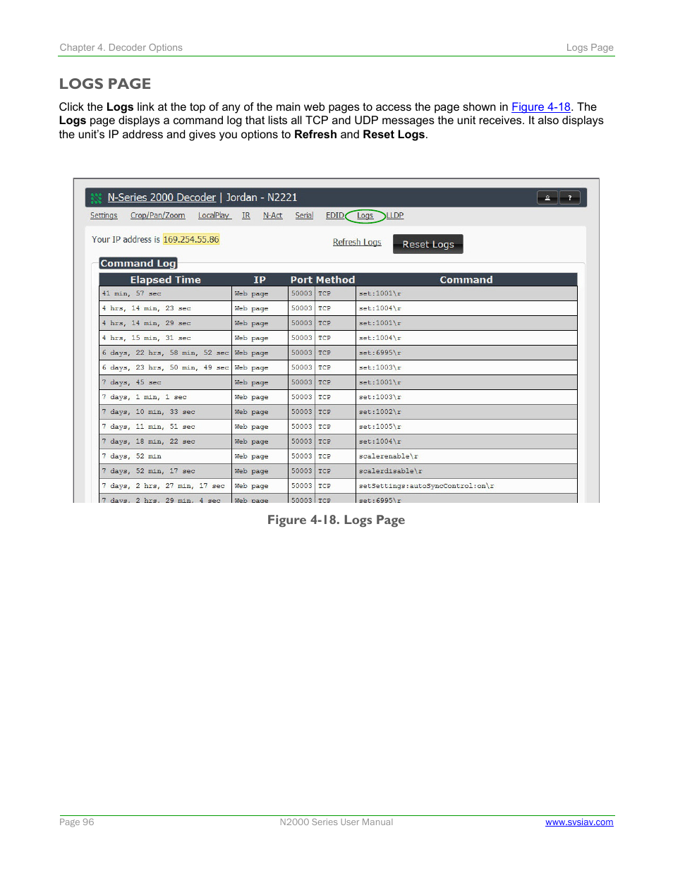 Logs page | SVSi N2000 Series User Manual | Page 96 / 99