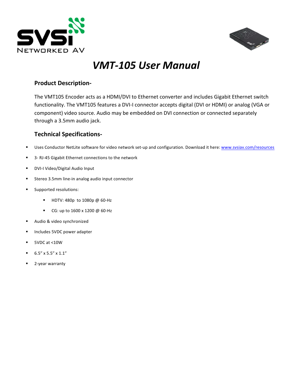 SVSi VMT-105 User Manual | 10 pages