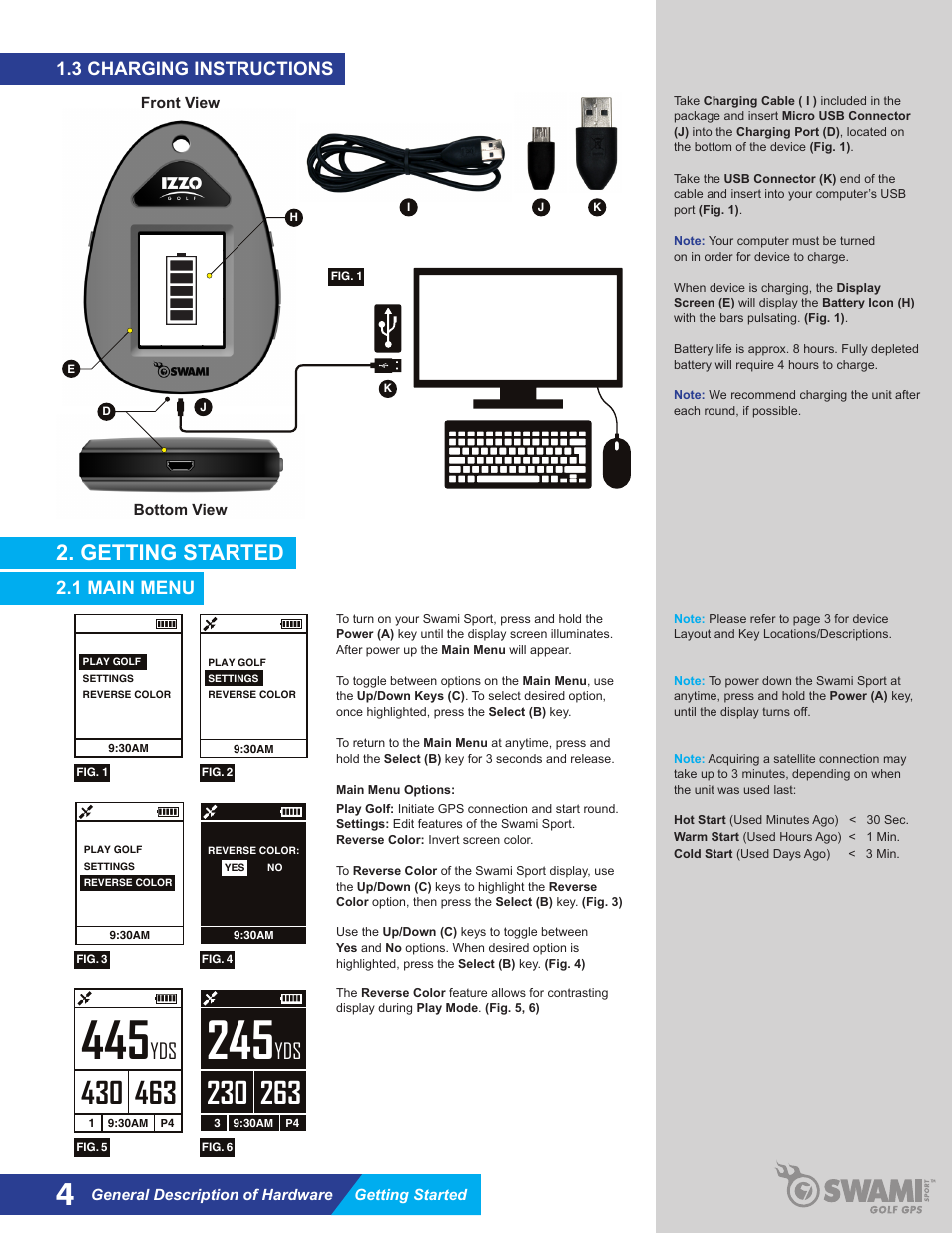 Getting started, 3 charging instructions, 1 main menu | Swami SPORT GPS User Manual | Page 4 / 8