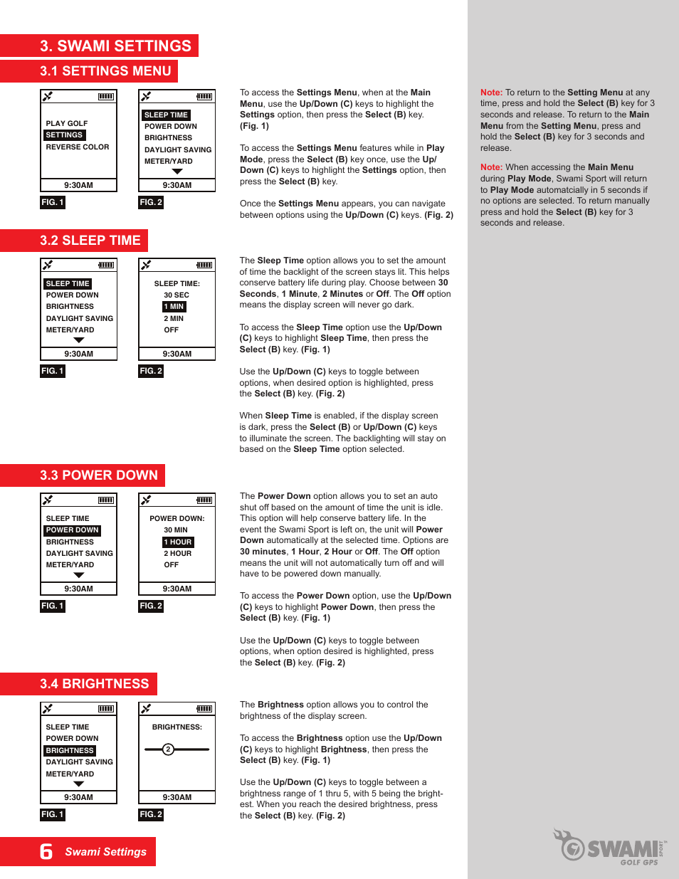 Swami settings, 3 power down, 1 settings menu | 2 sleep time, 4 brightness | Swami SPORT GPS User Manual | Page 6 / 8