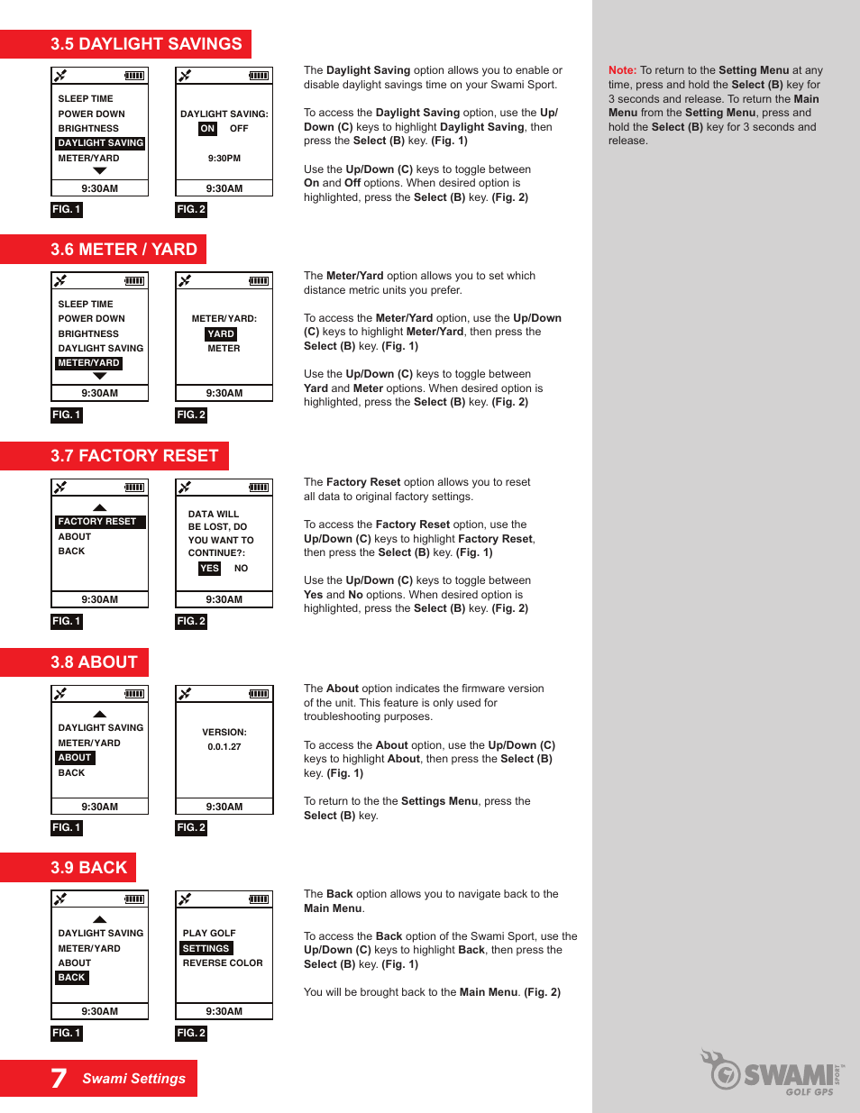 5 daylight savings, 6 meter / yard, 8 about | 9 back, 7 factory reset | Swami SPORT GPS User Manual | Page 7 / 8