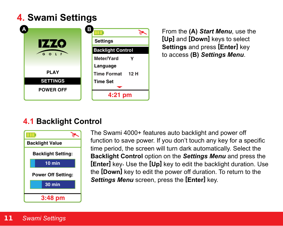 Swami settings, 1 backlight control | Swami 4000+ GPS User Manual | Page 12 / 20