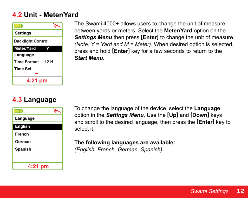 12 4.2 unit - meter/yard, 3 language | Swami 4000+ GPS User Manual | Page 13 / 20