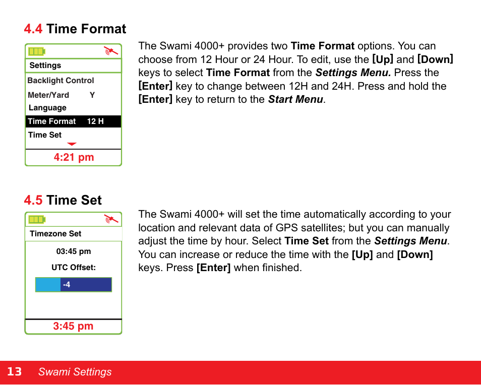 13 4.4 time format, 5 time set | Swami 4000+ GPS User Manual | Page 14 / 20