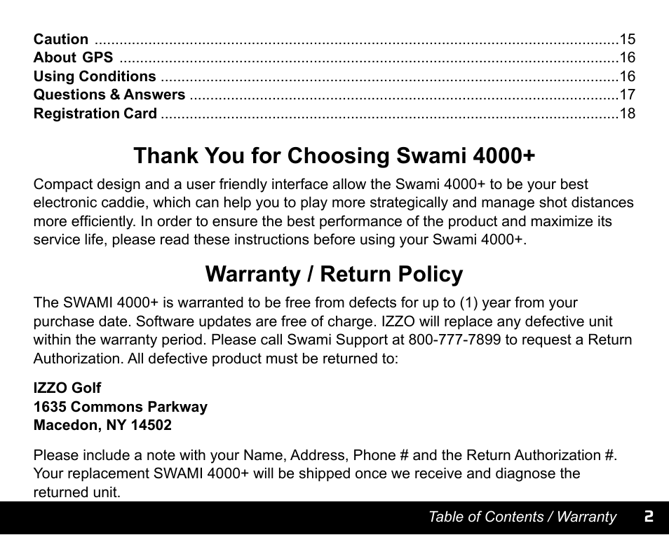 Warranty / return policy | Swami 4000+ GPS User Manual | Page 3 / 20