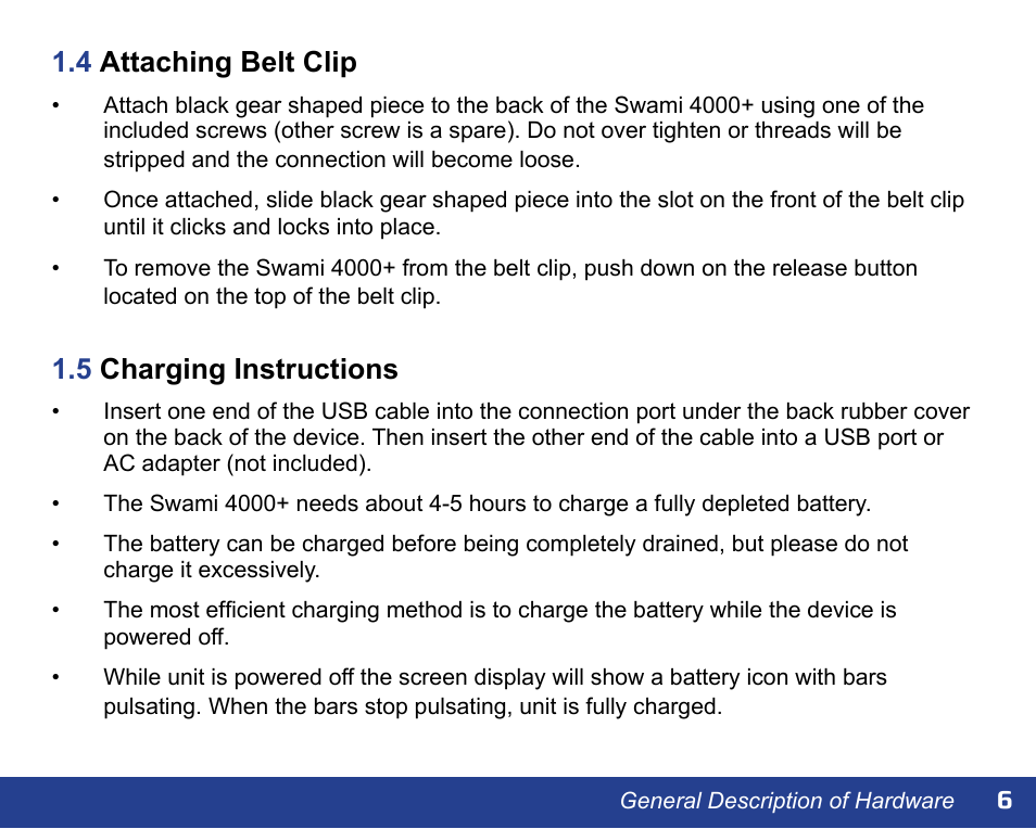 4 attaching belt clip, 5 charging instructions | Swami 4000+ GPS User Manual | Page 7 / 20