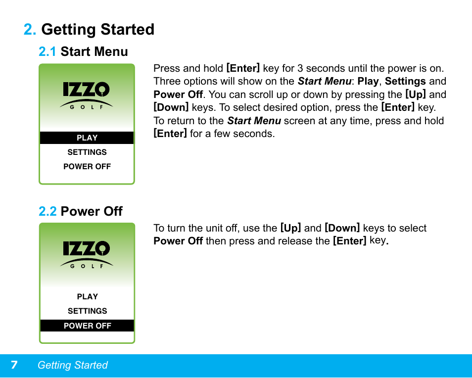 Getting started, 1 start menu, 2 power off | Swami 4000+ GPS User Manual | Page 8 / 20