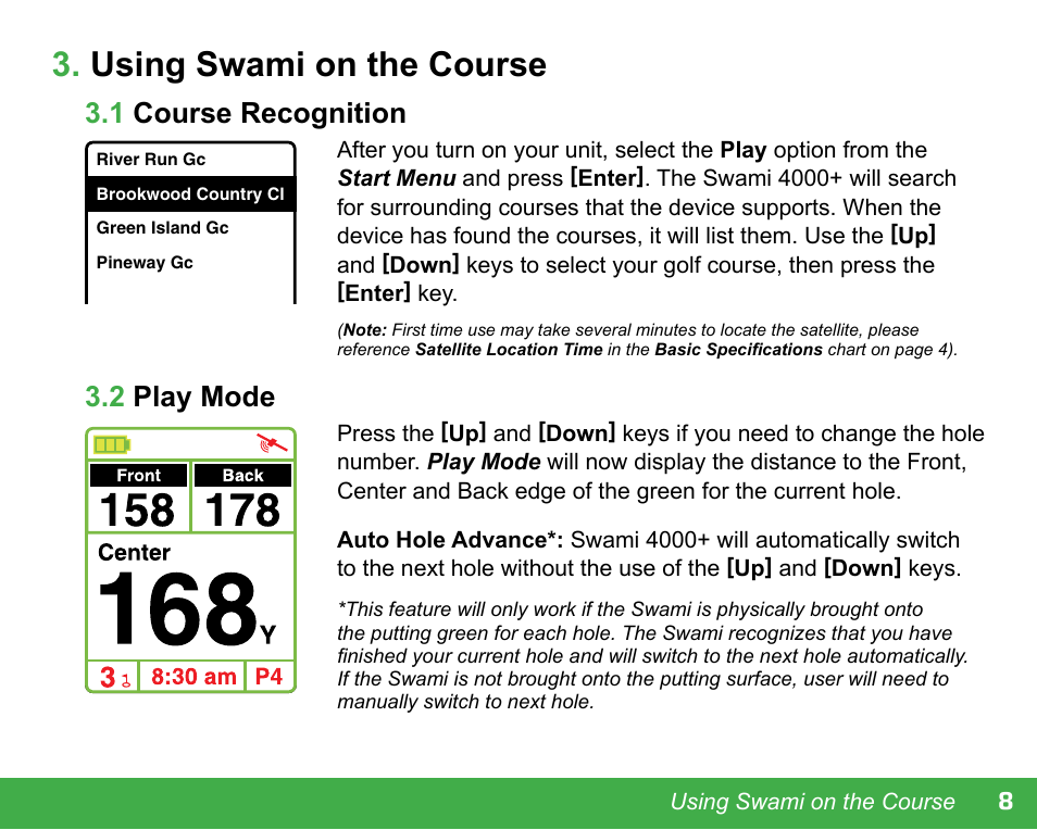 Using swami on the course, 1 course recognition, 2 play mode | Swami 4000+ GPS User Manual | Page 9 / 20