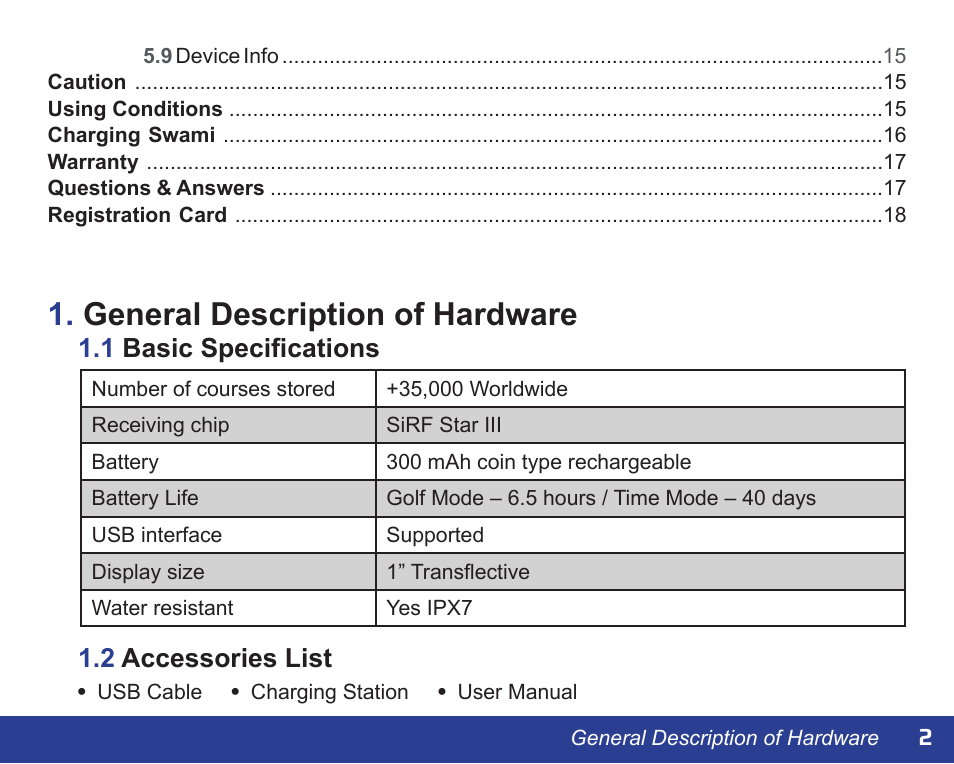 General description of hardware, 2 accessories list, 1 basic specifications | Swami NEW WATCH GOLF GPS User Manual | Page 3 / 20