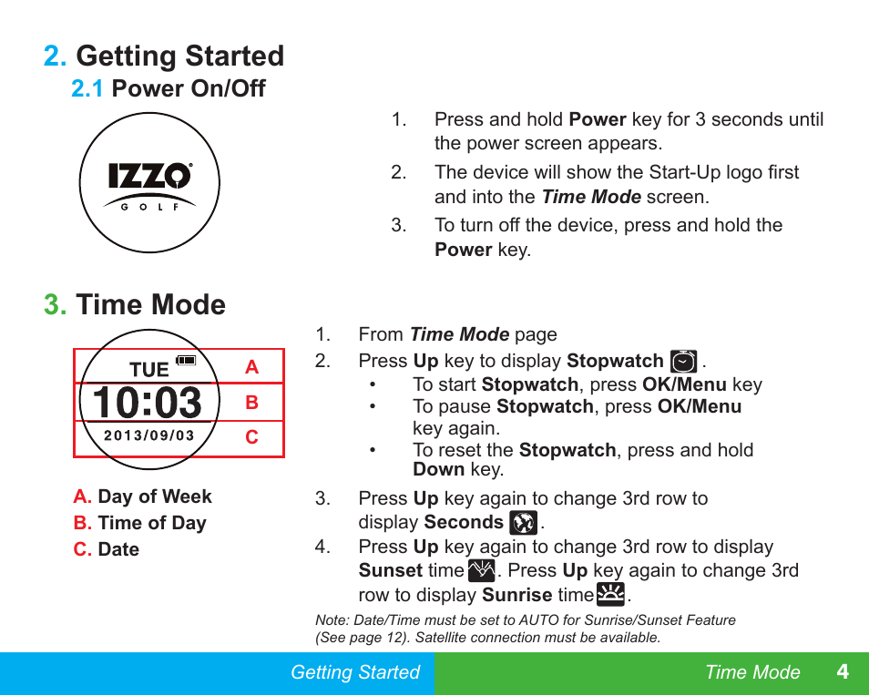 Getting started, Time mode, 1 power on/off | Swami NEW WATCH GOLF GPS User Manual | Page 5 / 20