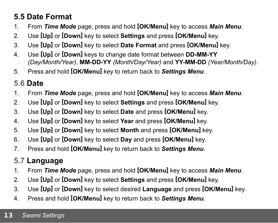 13 5.5 date format, 6 date, 7 language | Swami WATCH GOLF GPS User Manual | Page 16 / 20