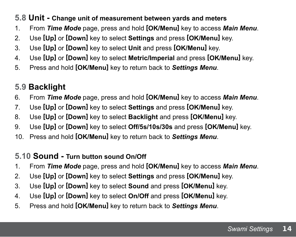 14 5.8 unit, 9 backlight, 10 sound | Swami WATCH GOLF GPS User Manual | Page 17 / 20