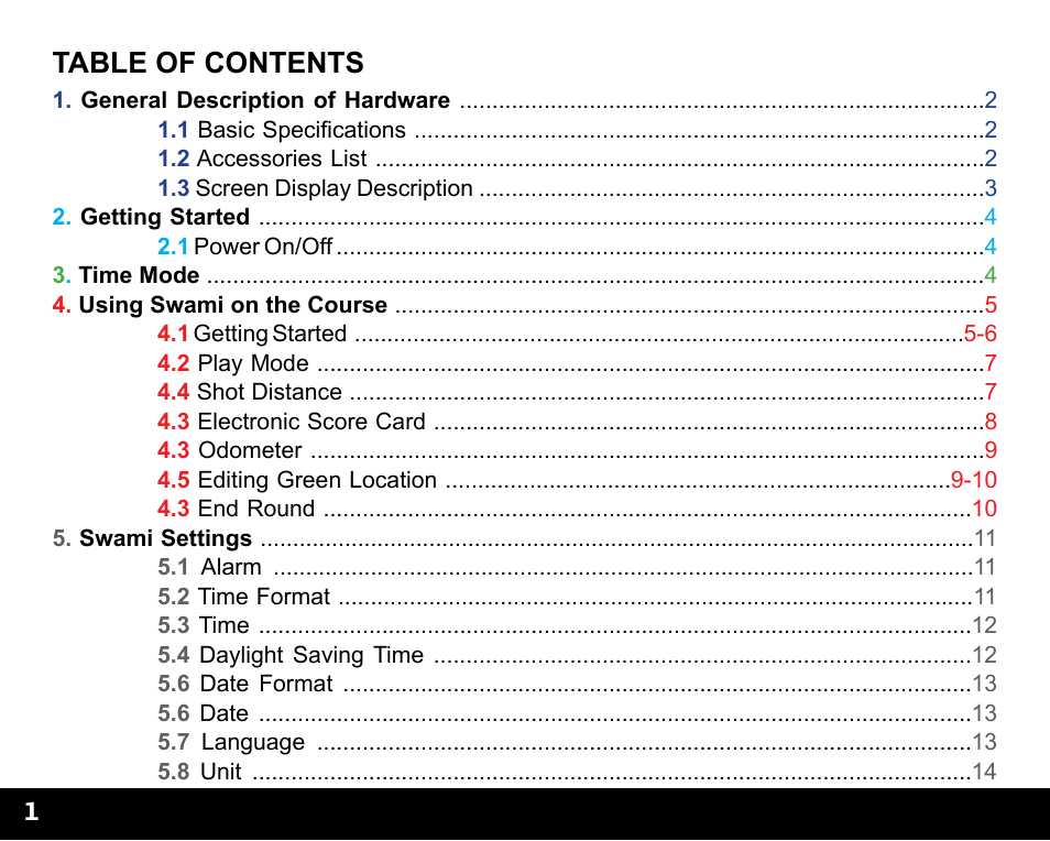 1table of contents | Swami WATCH GOLF GPS User Manual | Page 4 / 20