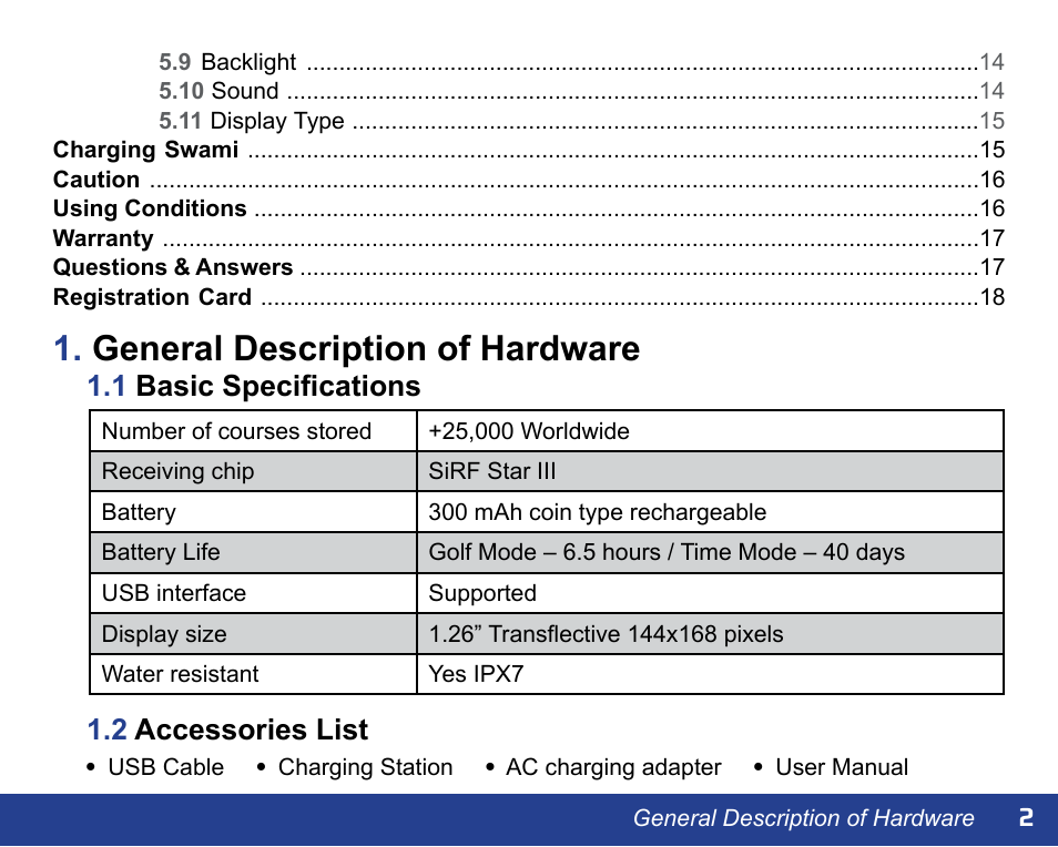 General description of hardware, 2 accessories list, 1 basic specifications | Swami WATCH GOLF GPS User Manual | Page 5 / 20