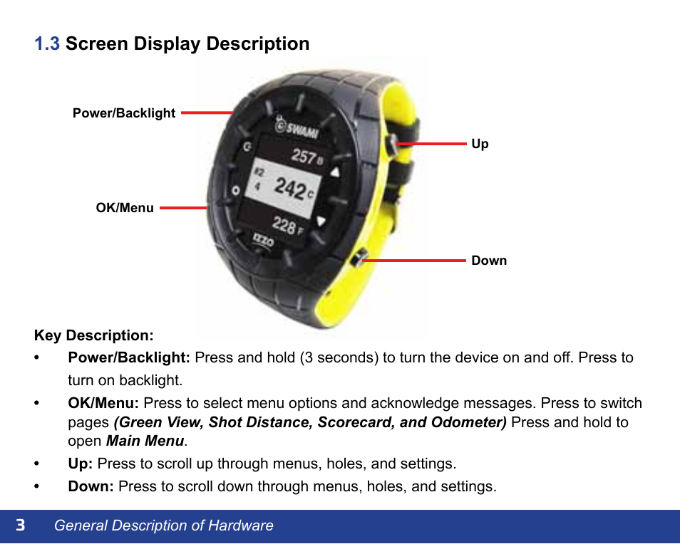 3 screen display description | Swami WATCH GOLF GPS User Manual | Page 6 / 20