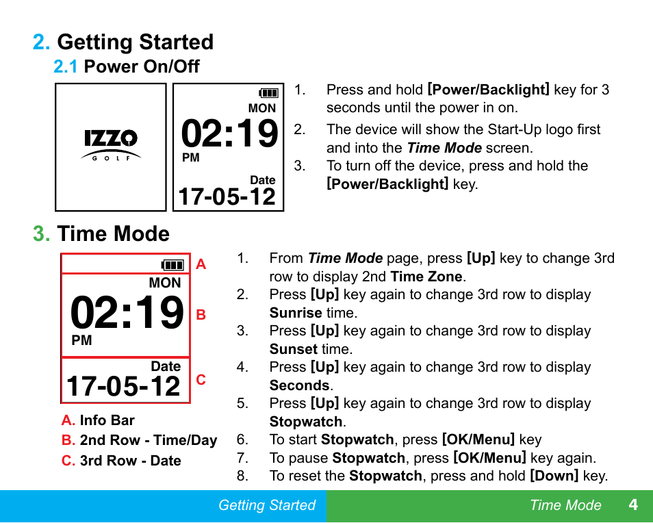 Getting started, Time mode | Swami WATCH GOLF GPS User Manual | Page 7 / 20