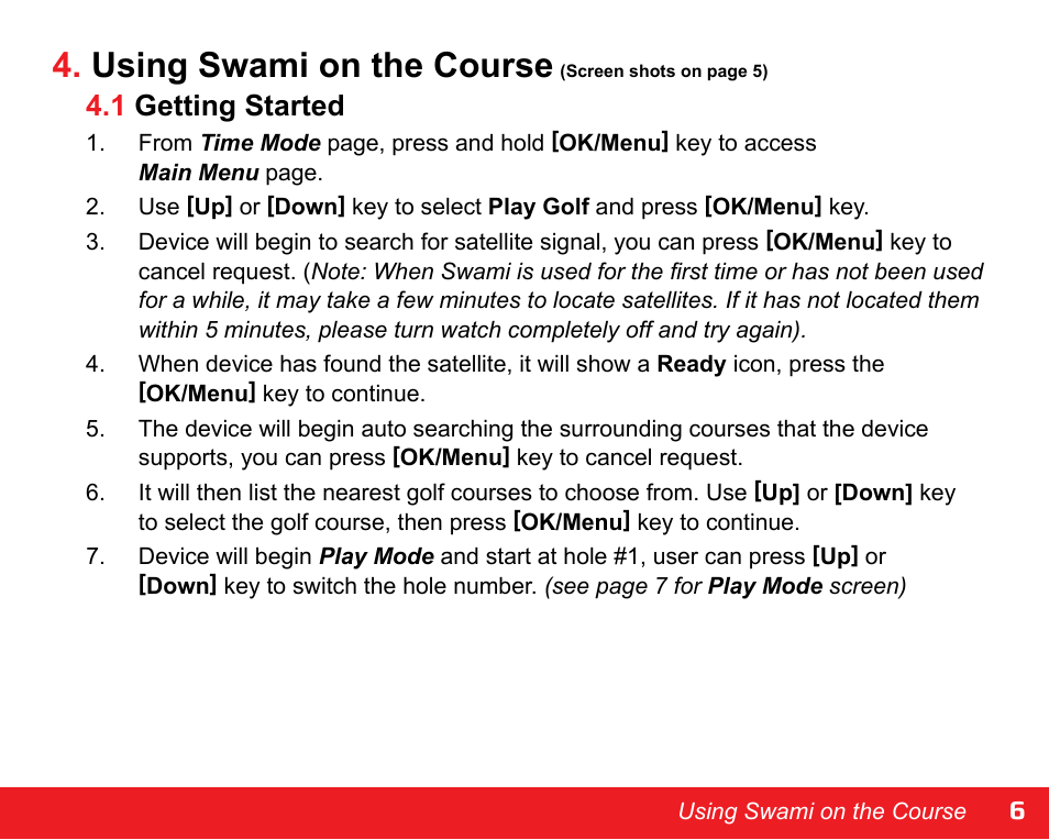 Using swami on the course, 1 getting started | Swami WATCH GOLF GPS User Manual | Page 9 / 20