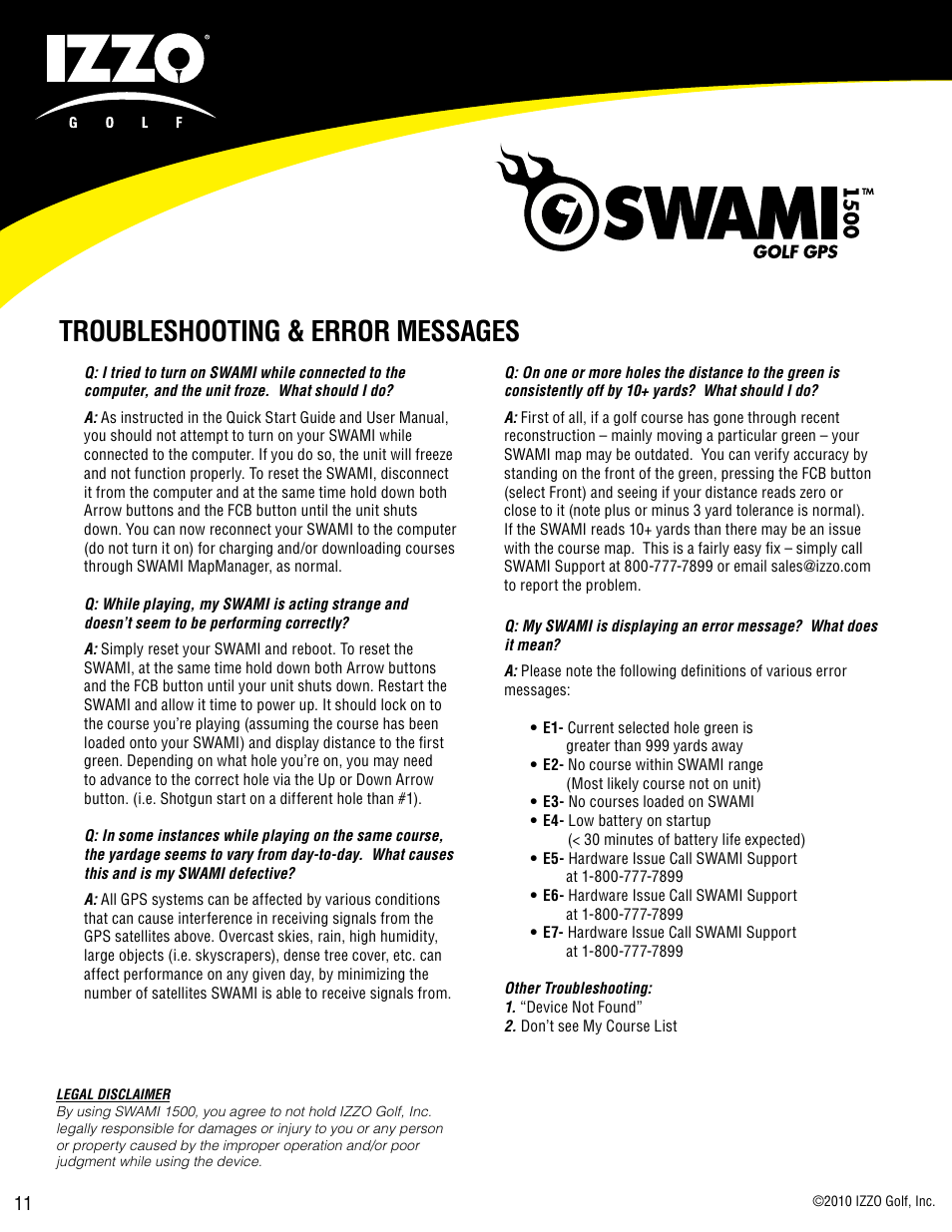 Troubleshooting & error messages | Swami 1500 GPS User Manual | Page 11 / 12