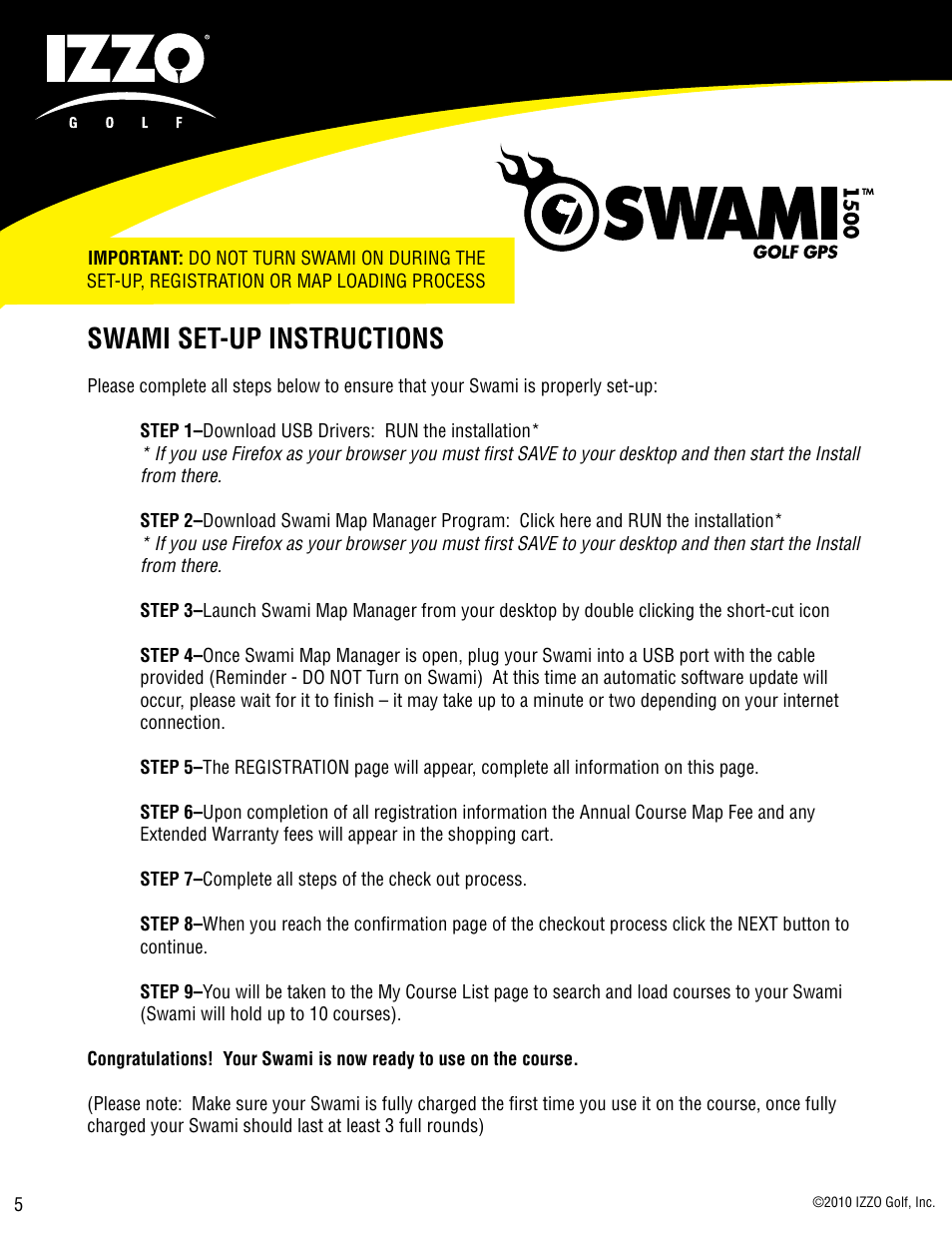 Swami set-up instructions | Swami 1500 GPS User Manual | Page 5 / 12