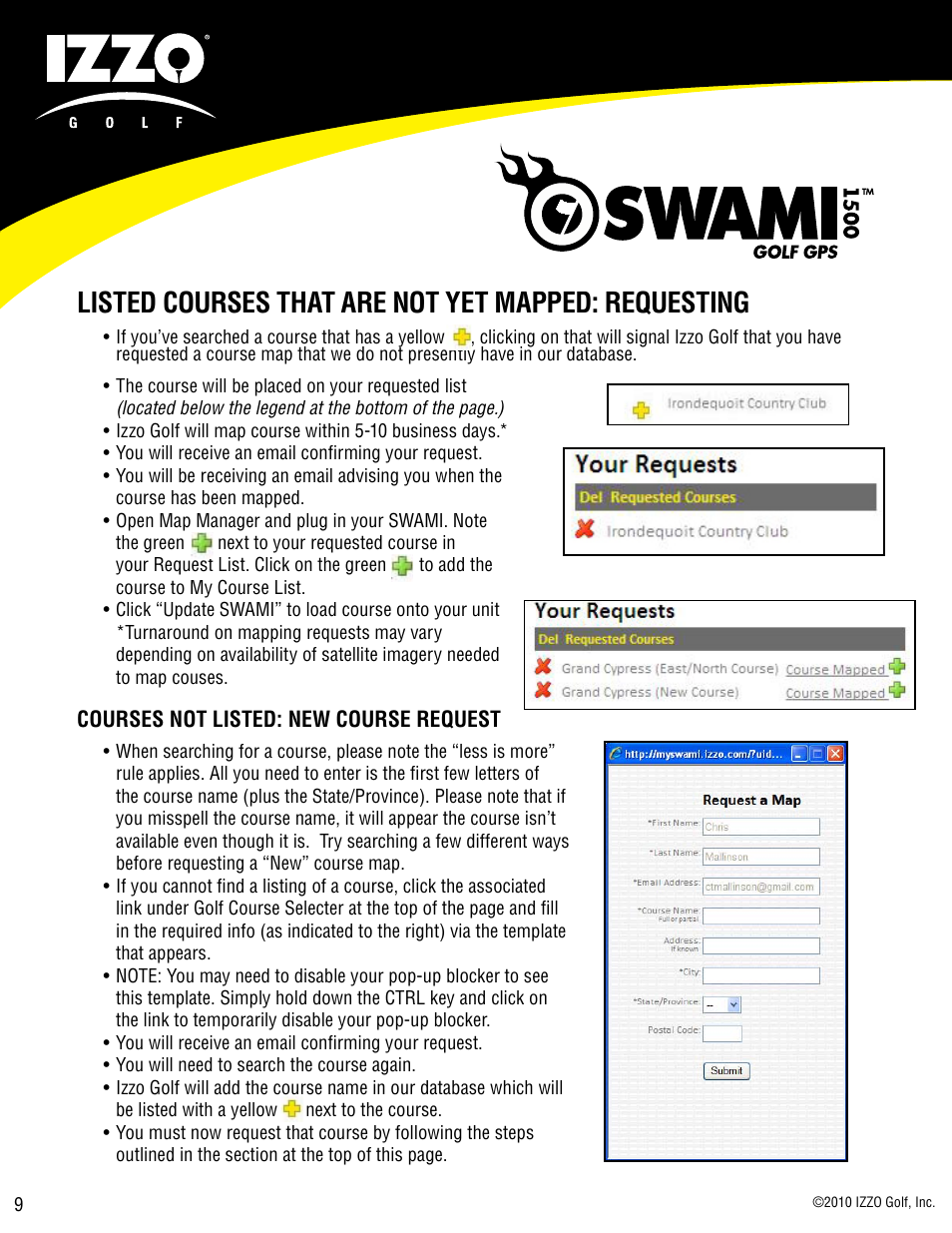 Listed courses that are not yet mapped: requesting | Swami 1500 GPS User Manual | Page 9 / 12