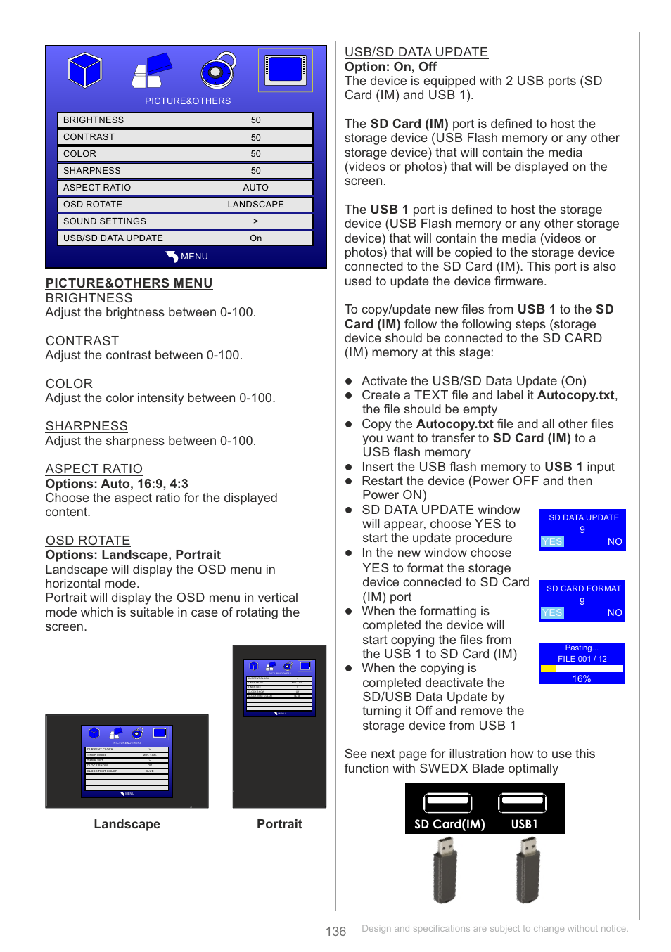 Landscape portrait, Activate the usb/sd data update (on), Restart the device (power off and then power on) | Usb1 sd card(im) | SWEDX Blade User Manual | Page 13 / 23