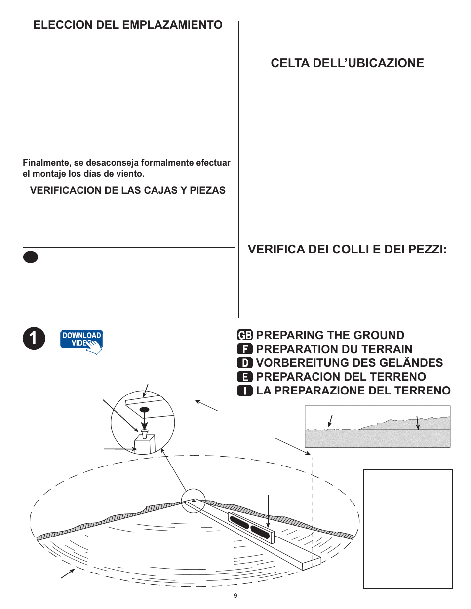 Celta dell’ubicazione, Verifica dei colli e dei pezzi, Eleccion del emplazamiento | Swim'n Play International Round Pool User Manual | Page 9 / 36