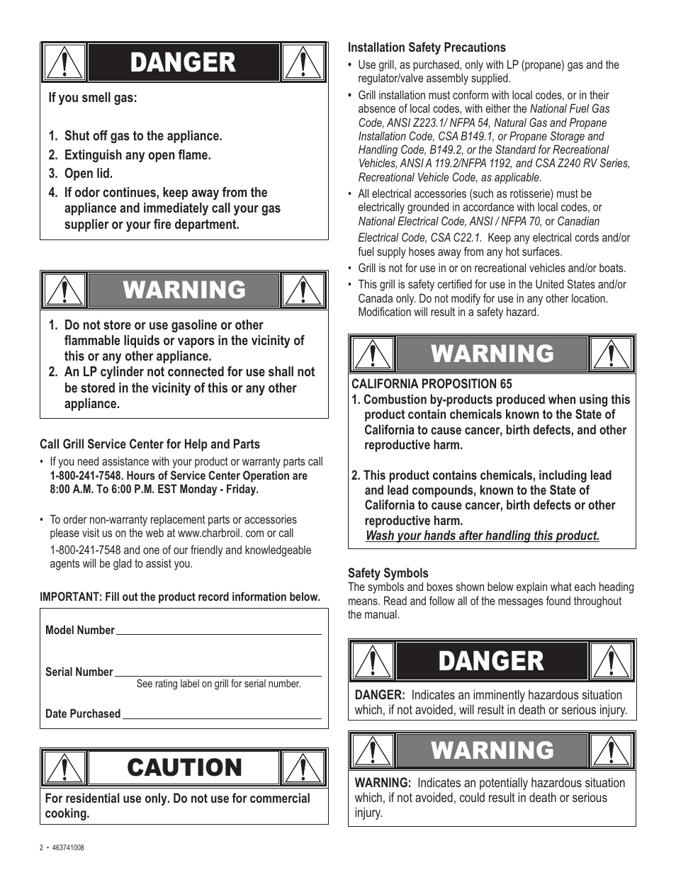 Danger, Warning caution, Warning | Char-Broil 463741008 User Manual | Page 2 / 27