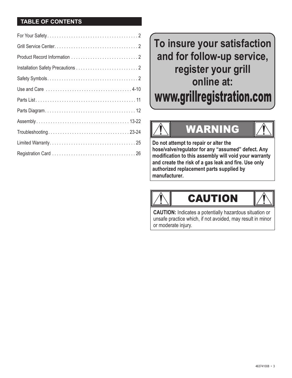 Warning, Caution | Char-Broil 463741008 User Manual | Page 3 / 27