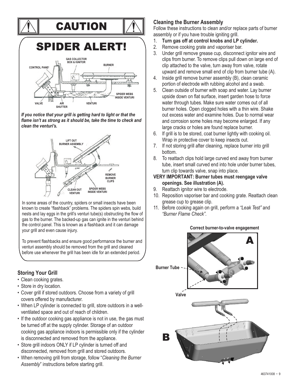 Caution, Spider alert | Char-Broil 463741008 User Manual | Page 9 / 27