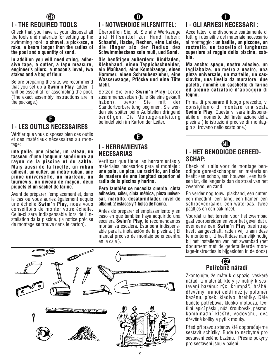 I - the required tools, I - les outils necessaires, I - notwendige hilfsmittel | I - herramientas necesarias, I - gli arnesi necessari, I - het benodigde gereed- schap, Potr, Ebné nár | Swim'n Play International Concord Round User Manual | Page 3 / 28