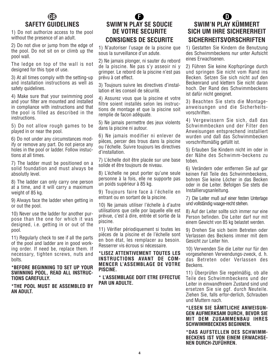 Safety guidelines, Gb f d | Swim'n Play International Concord Round User Manual | Page 5 / 28