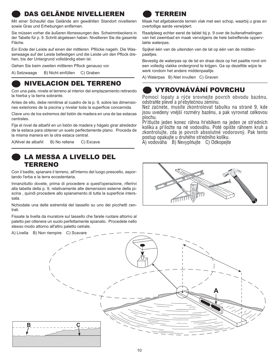 Das gelände nivellieren, Nivelacion del terreno, La messa a livello del terreno | Terrein, Vyrovnávání povrchu | Swim'n Play International Concord Oval User Manual | Page 10 / 36