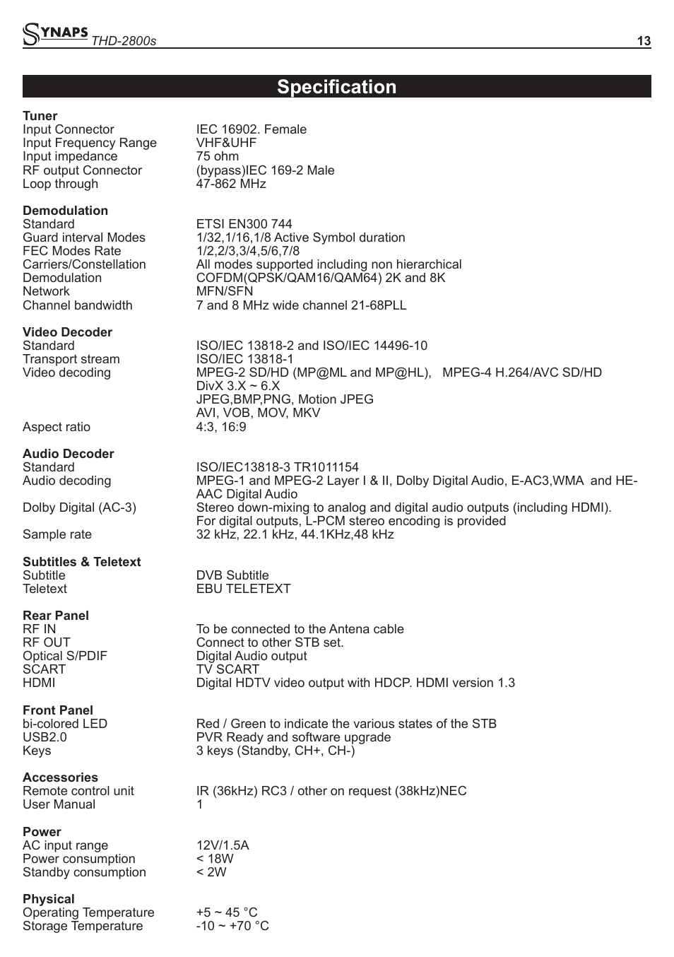 Specification | Synaps THD-2800s User Manual | Page 13 / 16