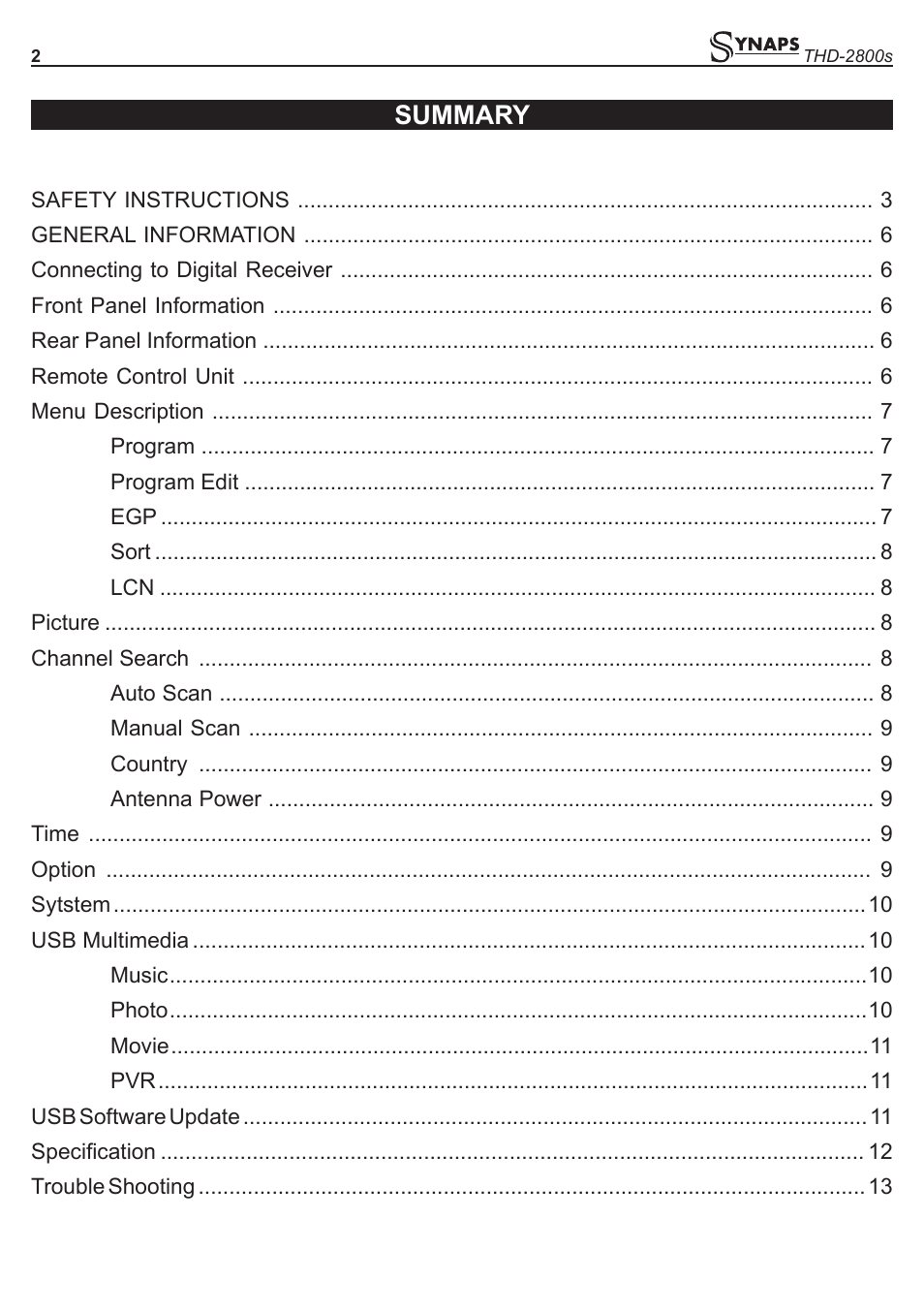 Summary | Synaps THD-2800s User Manual | Page 2 / 16
