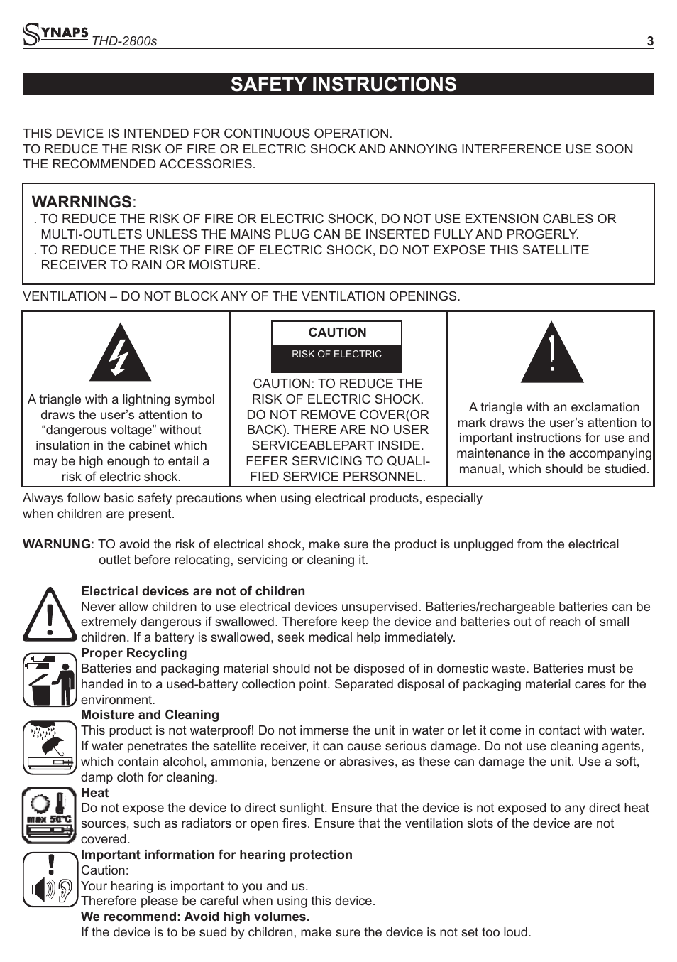 Safety instructions, Warrnings | Synaps THD-2800s User Manual | Page 3 / 16