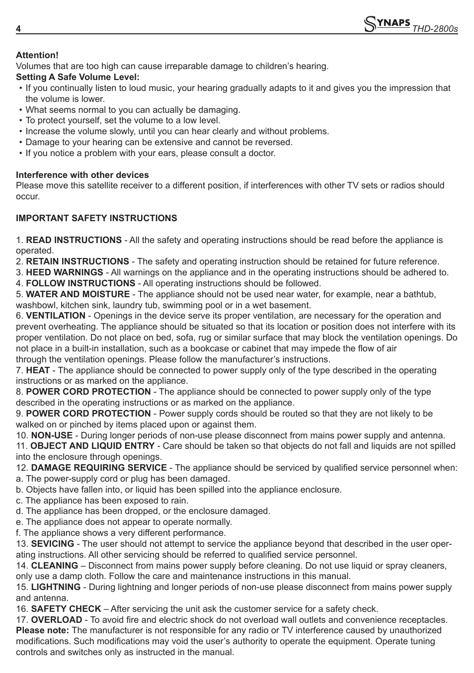 Synaps THD-2800s User Manual | Page 4 / 16