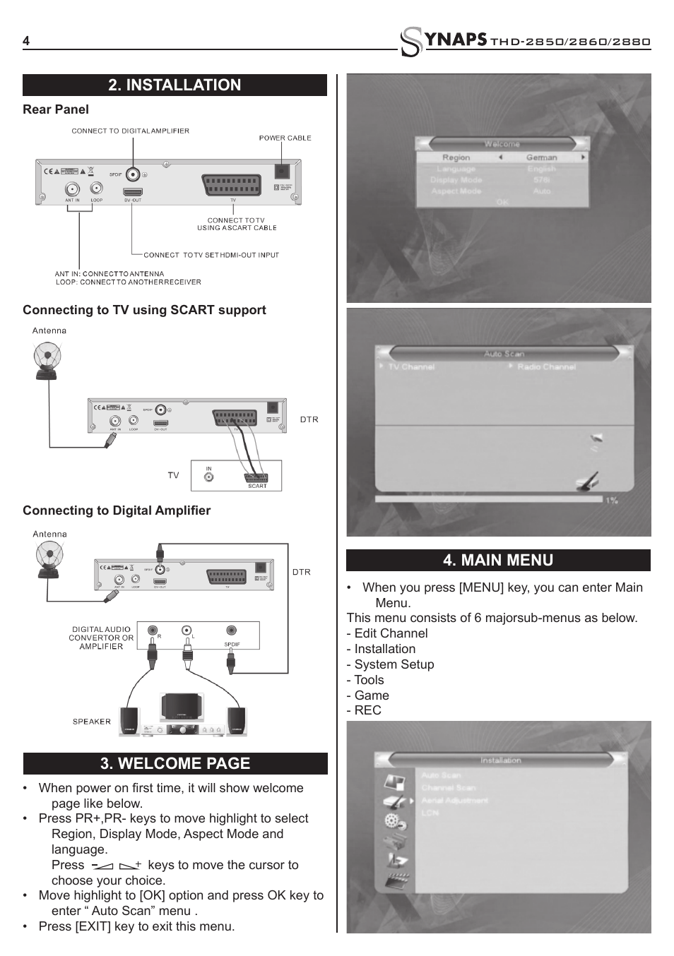 Main menu 3. welcome page 2. installation | Synaps THD-2850 User Manual | Page 4 / 20