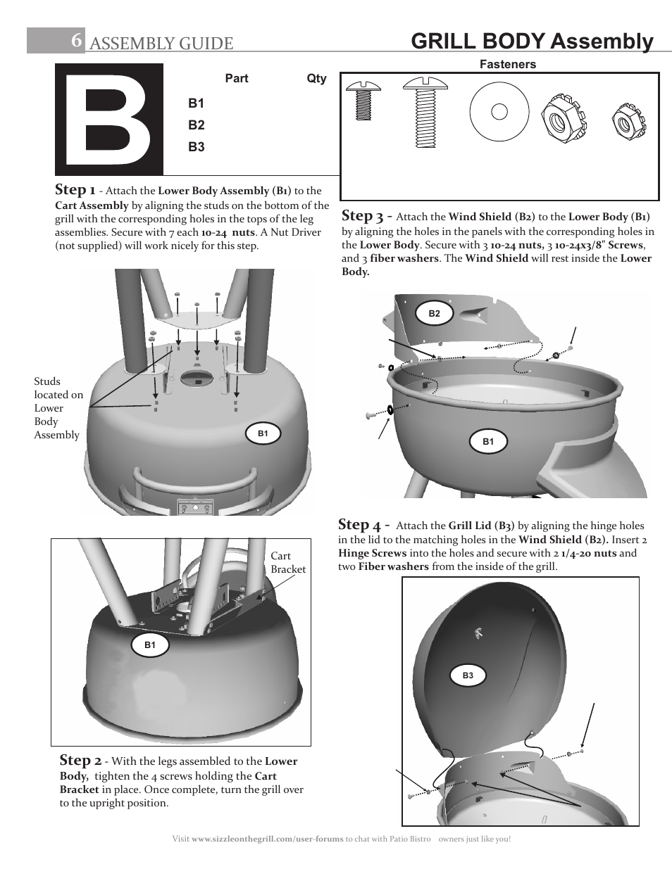 Grill body assembly, Assembly guide, Step 1 | Step 4, Step 3, Step 2 | Char-Broil 11601695-A1 User Manual | Page 6 / 8