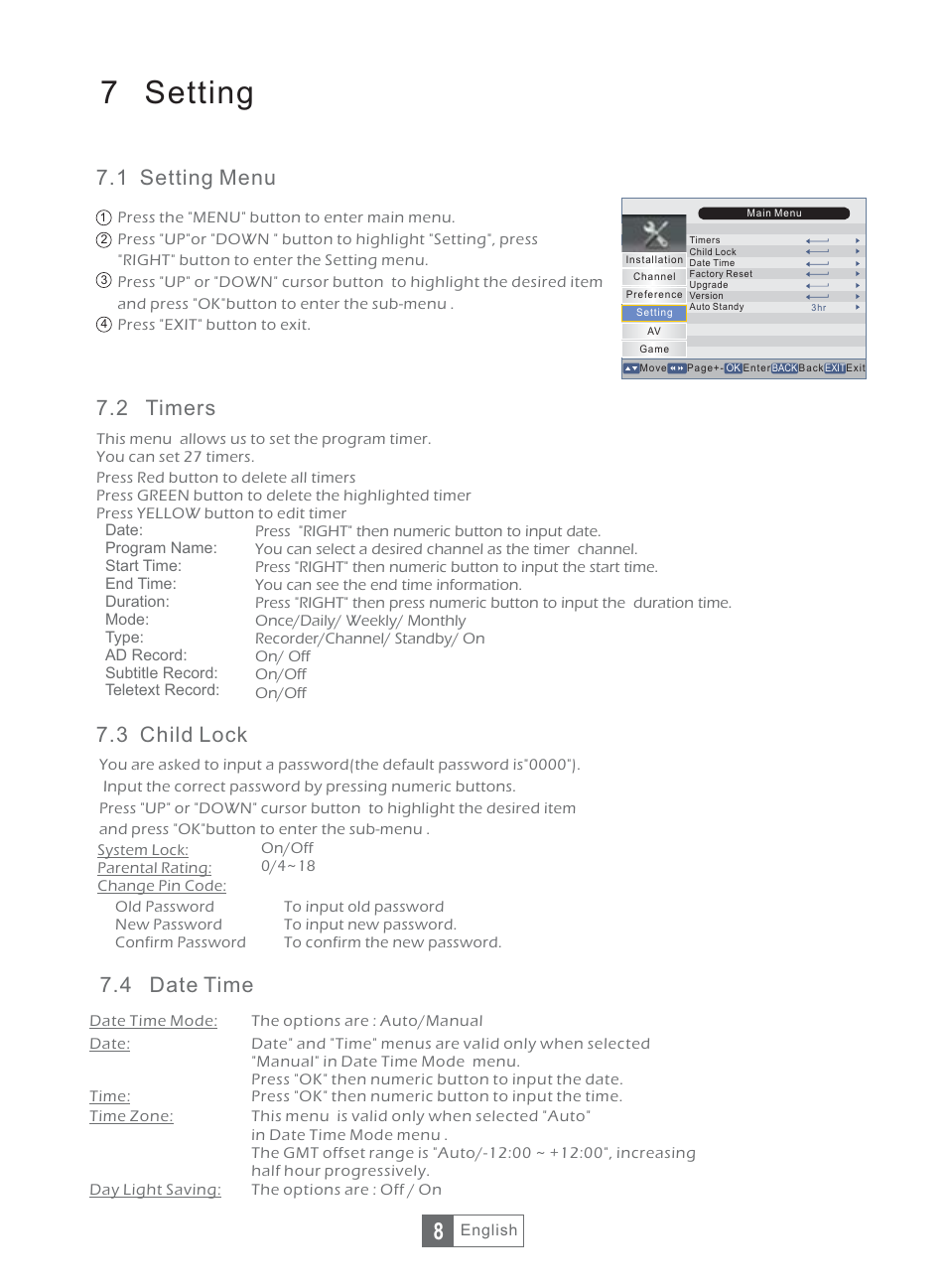 7 setting, 1 setting menu, 2 timers | 3 child lock, 4 date time | Synaps THD-2856+ User Manual | Page 11 / 18
