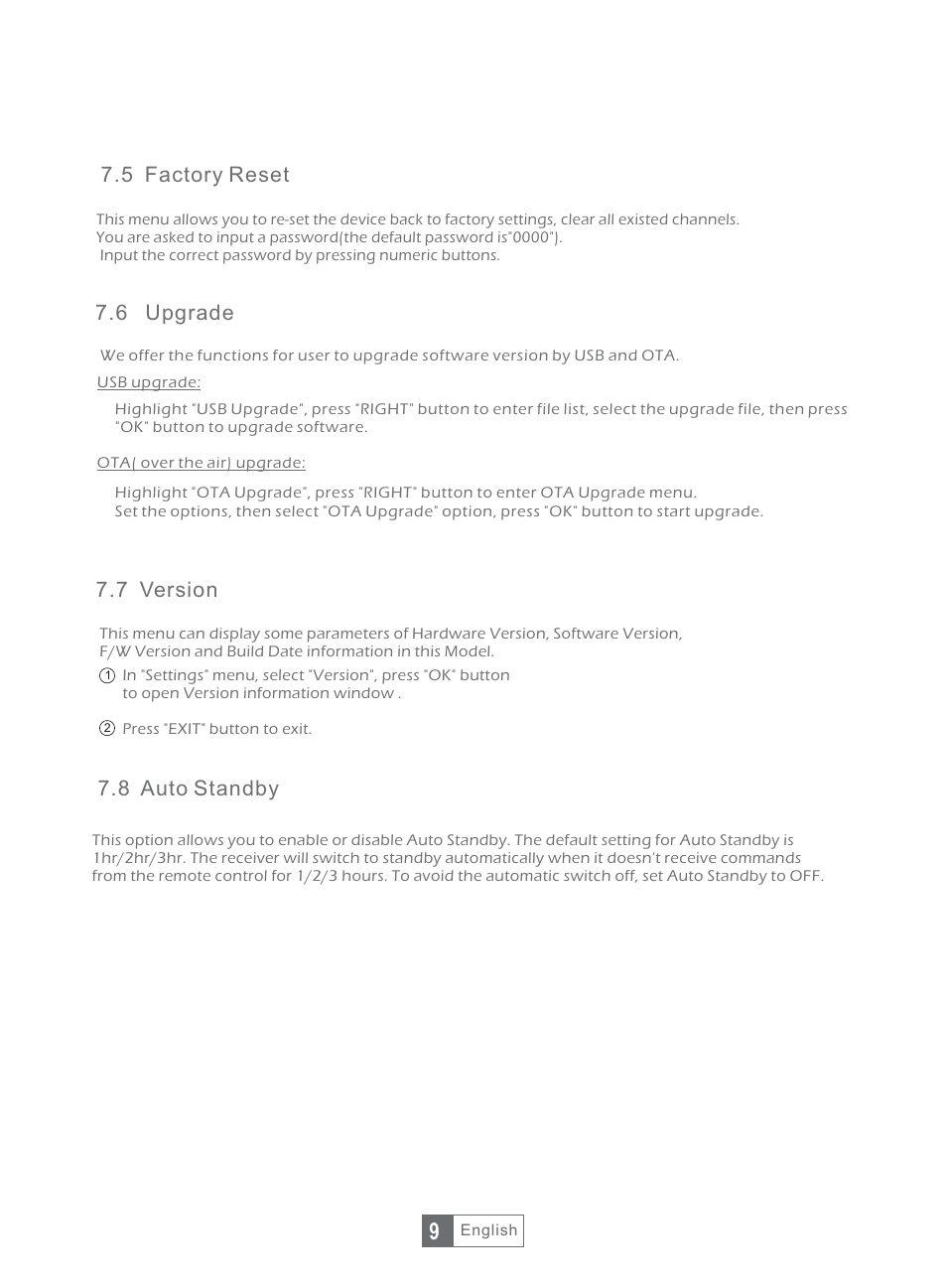 5 factory reset 7.6 upgrade, 7 version, 8 auto standby | Synaps THD-2856+ User Manual | Page 12 / 18