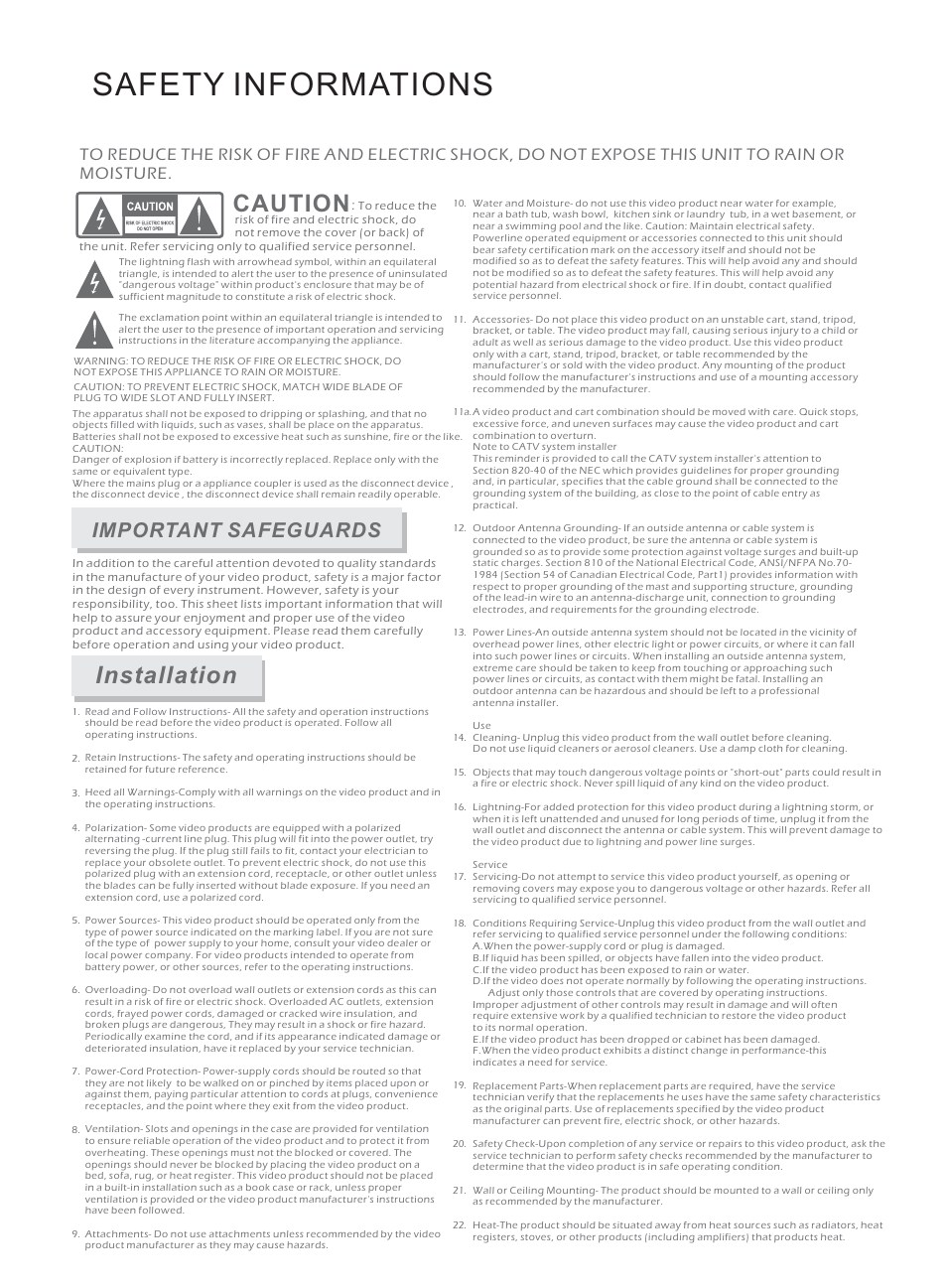 Safety informations, Installation, Caution | Important safeguards | Synaps THD-2856+ User Manual | Page 2 / 18