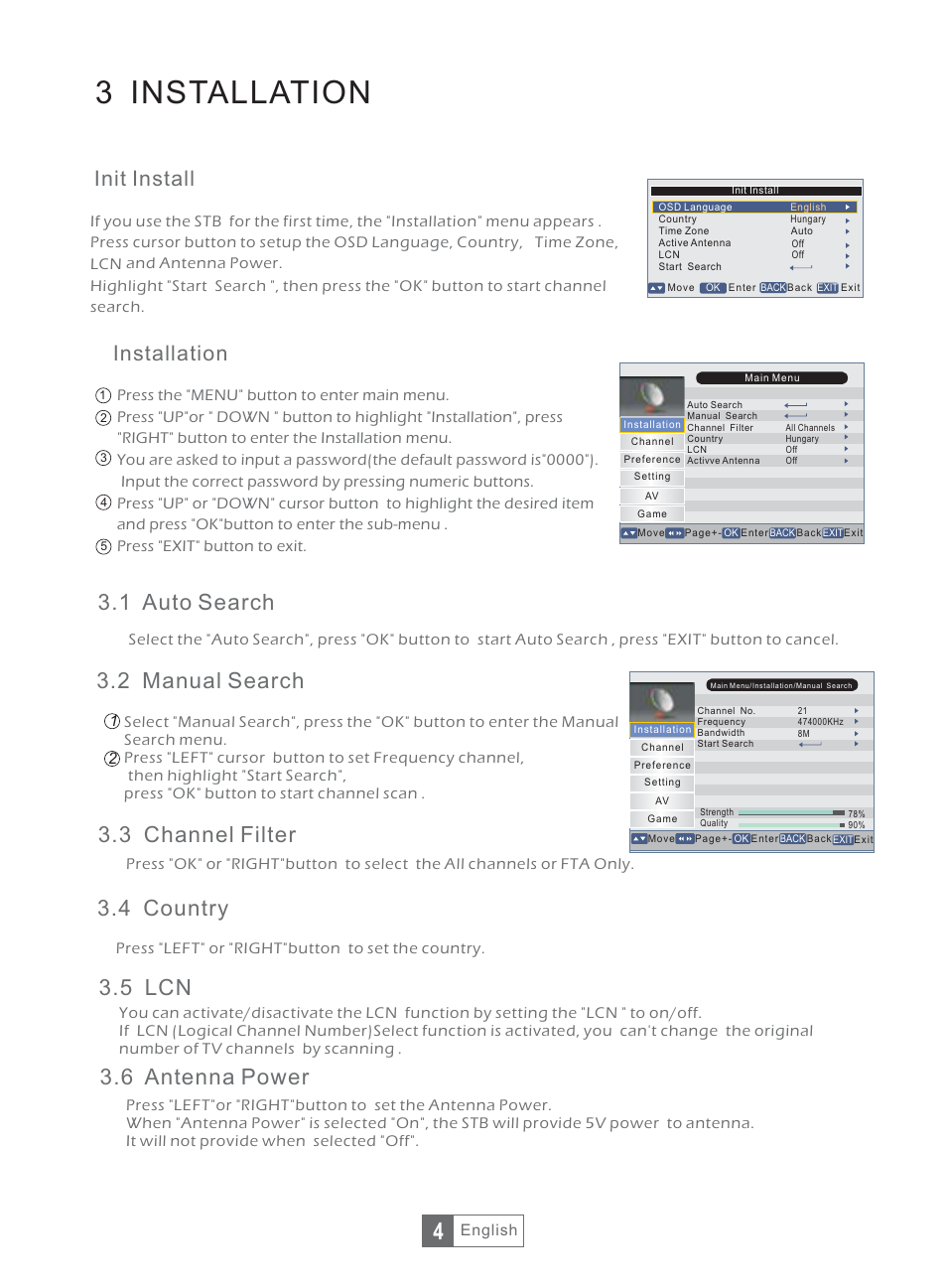 3 installation, Init install, Installation | 6 antenna power, 5 lcn, 4 country | Synaps THD-2856+ User Manual | Page 7 / 18