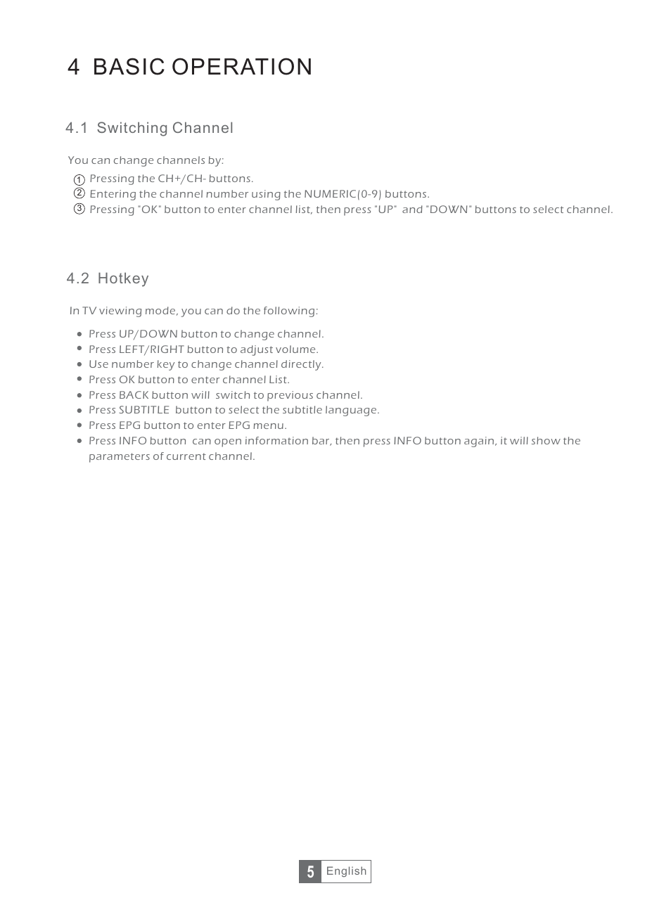 4 basic operation, 2 hotkey 4.1 switching channel | Synaps THD-2856+ User Manual | Page 8 / 18